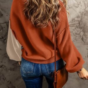 Gray Colorblock Bishop Sleeve Ribbed Trim Sweater