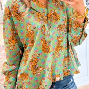 Green Tiger Floral Printed Collared V Neck Casual Shirt