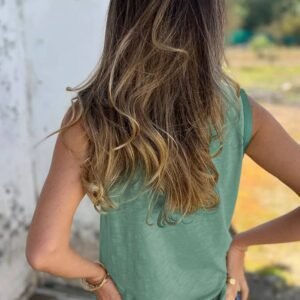 Mist Green Metallic Sheen Edge Scoop Neck Tank Top