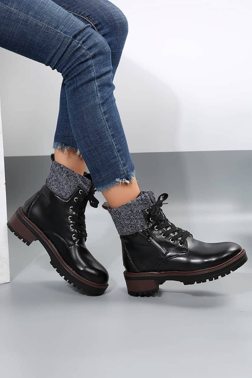 Black Knitted Patched Lace-Up Heeled Ankle Boots