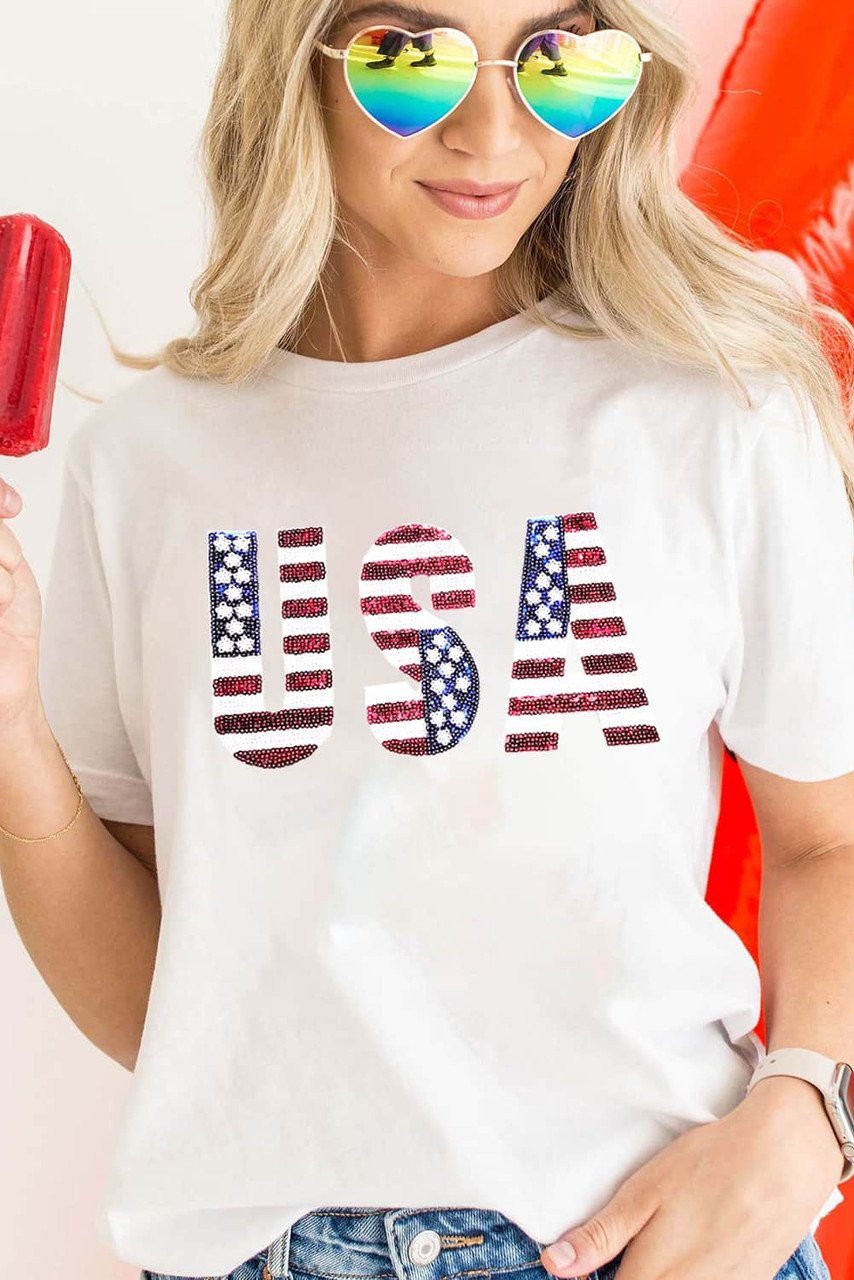 White Usa Flag Sequin Patched Round Neck T Shirt