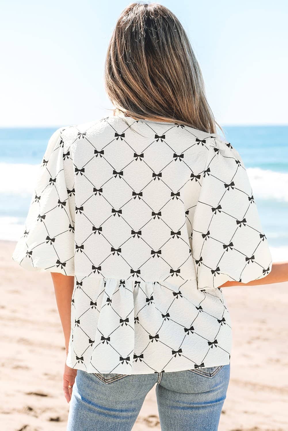 White Bowknot Print Front Knots Bubble Sleeve Blouse