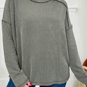 Green Bay Twist Ribbed Exposed Seam Detail Long Sleeve Loose Top