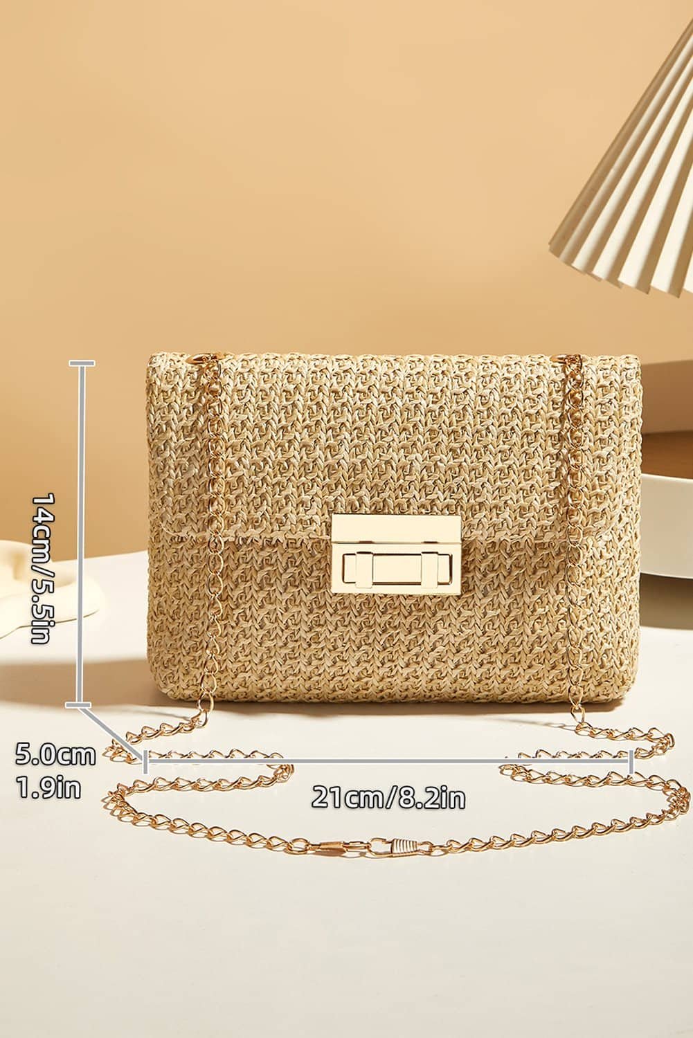 Camel Woven Chain Strap Flap Shoulder Bag