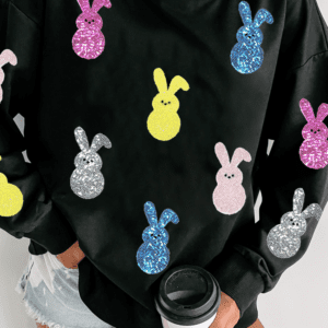 Black Sequin Bunny Doll Graphic Drop Shoulder Sweatshirt