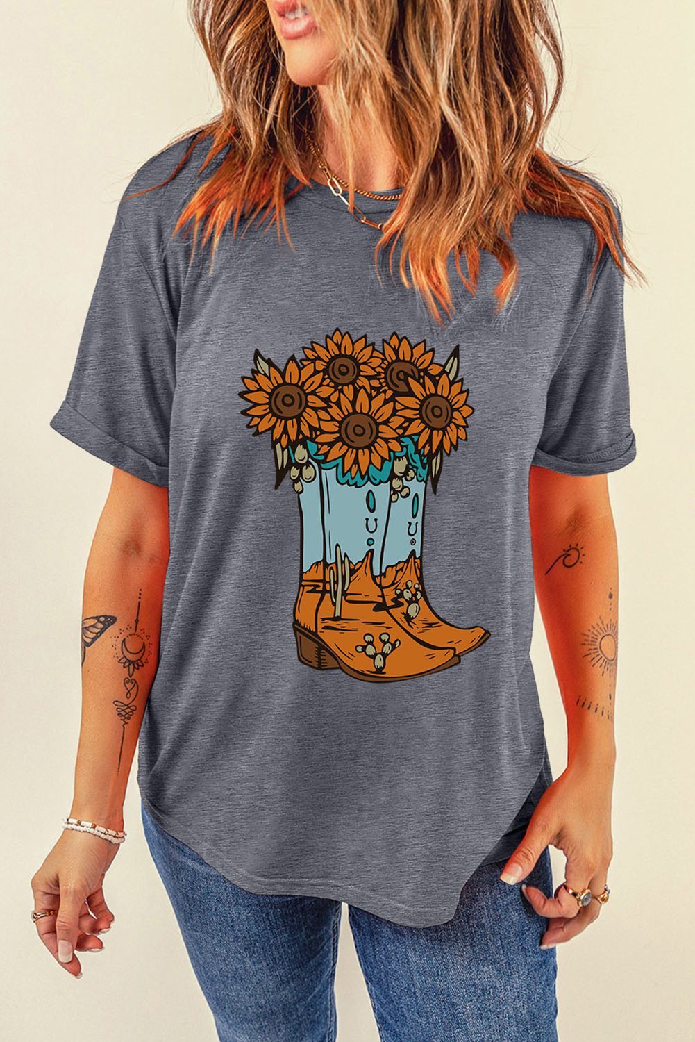 Gray Sunflower Cowgirl Boots Print Western Fashion T Shirt