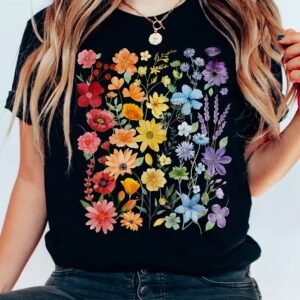 Black Beautiful Flower Print Cotton Blend Casual Tee