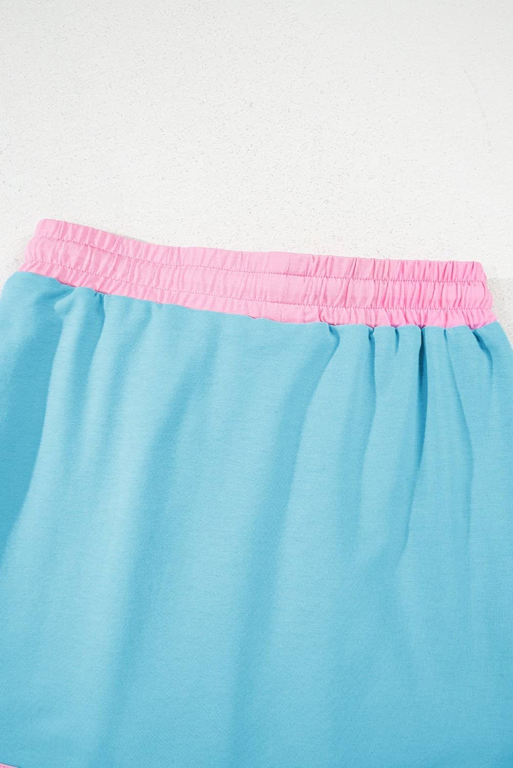 Turquoise Colorblock Edge Drop Shoulder T Shirt And Skort 2Pcs Set