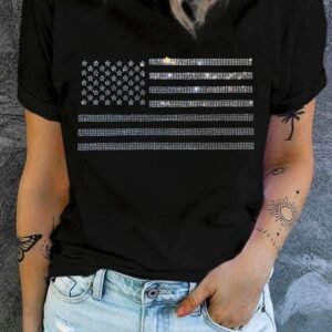 Black Glittering Rhinestone American Flag Pattern T Shirt