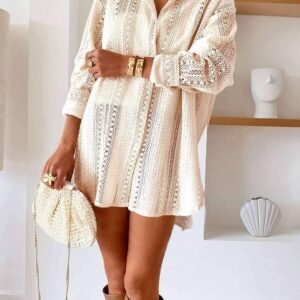 Beige Lace Crochet Collared Tunic Oversized Shirt