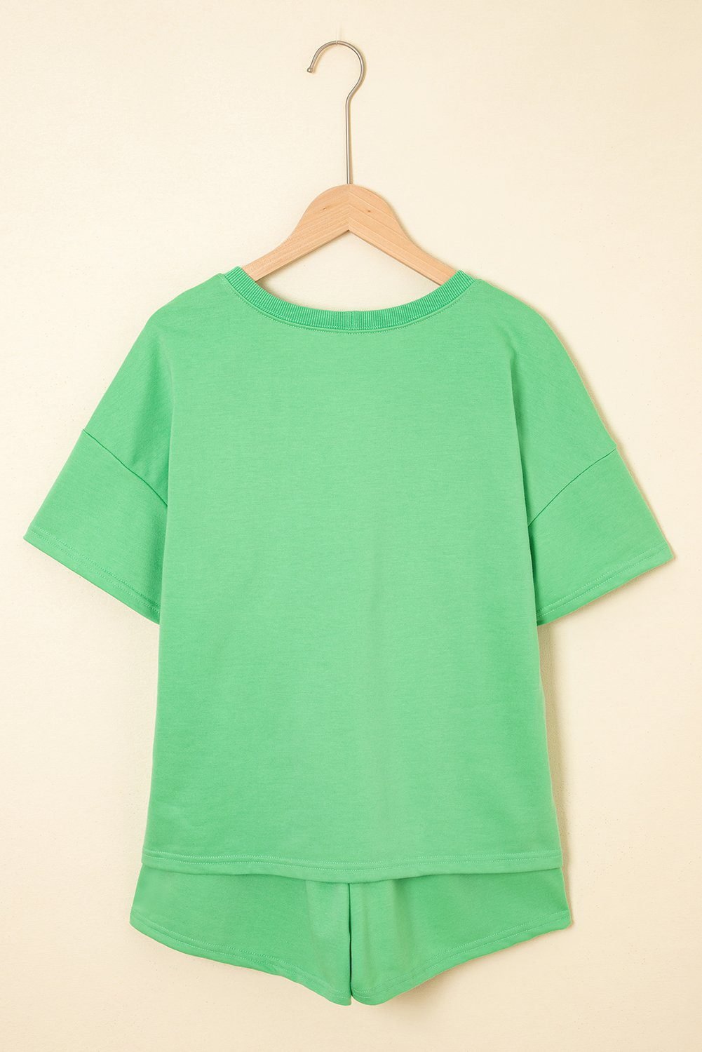 Mint Green V Neck Drop Shoulder Tee And Patchwork Drawstring Shorts Set