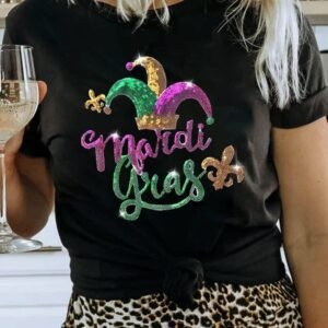 Black Mardi Gras Sequin Pattern Crew Neck T Shirt