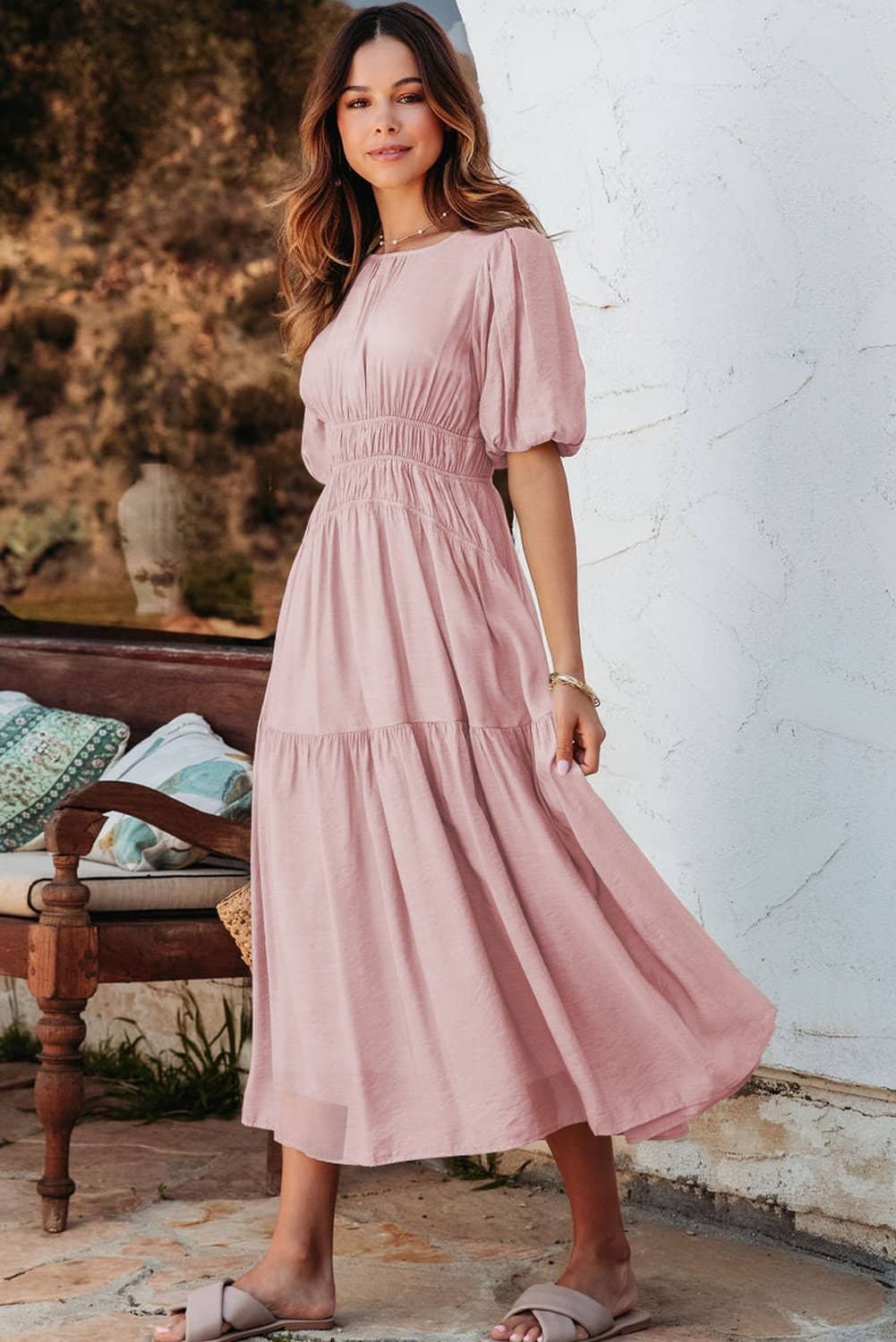 Pink Puff Sleeve Pleated High Waist Flowy Midi Dress