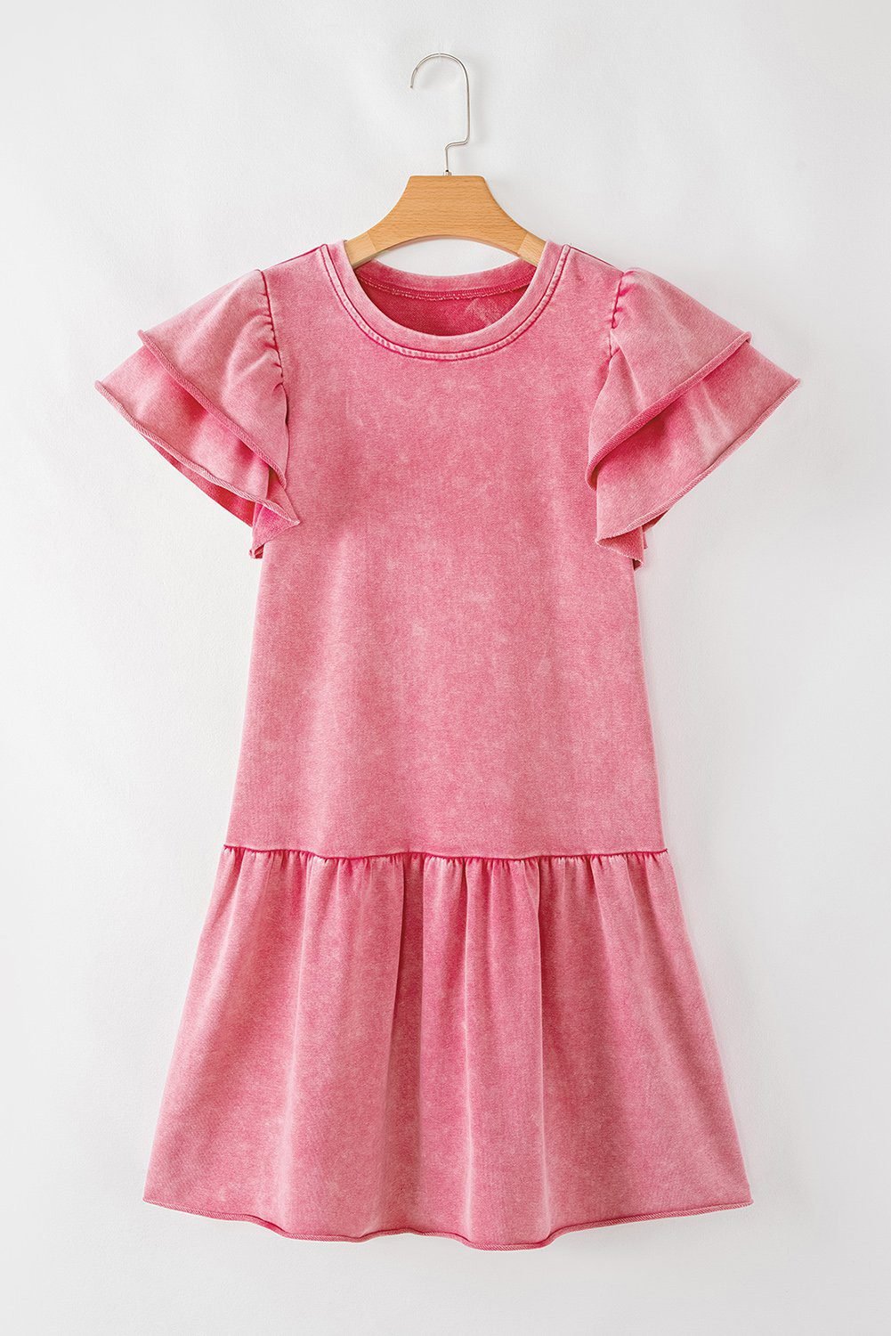 Sachet Pink Mineral Wash Raw Edge Ruffle Mini Dress