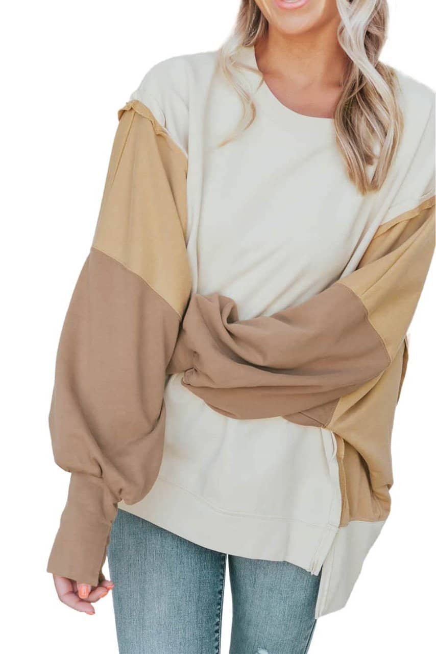 Khaki Color Block Sleeve Patchwork Oversized Sweatshirt