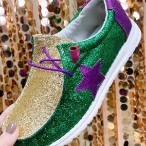 Tillandsia Purple Mardi Gras Star Glitter Color Block Patched Slip On Shoes