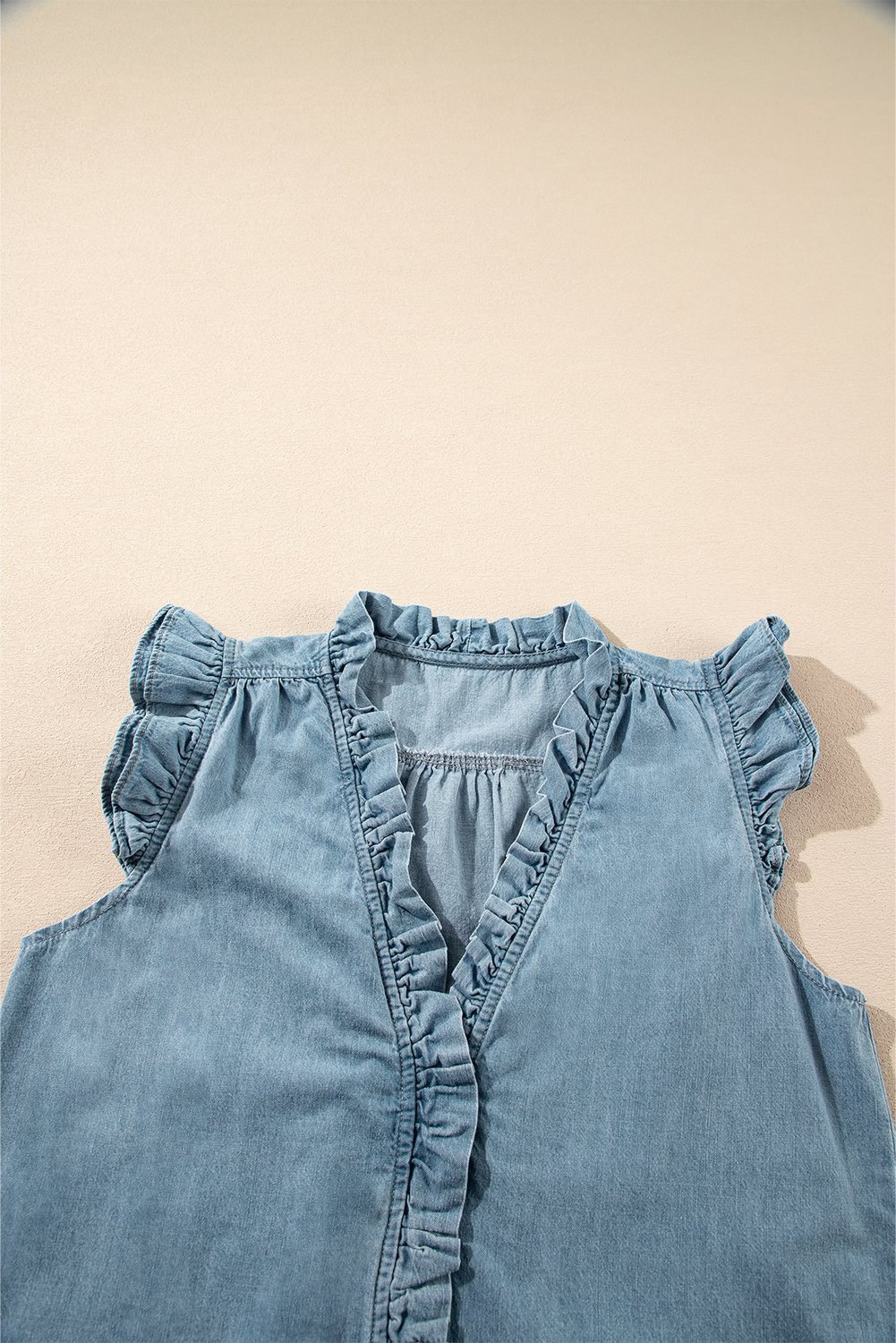 Beau Blue Frilly Ruffle Trim V Neck Chambray Tank Top