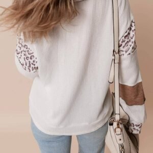 White Leopard Patchwork Turn-Down Collar Waffle Top