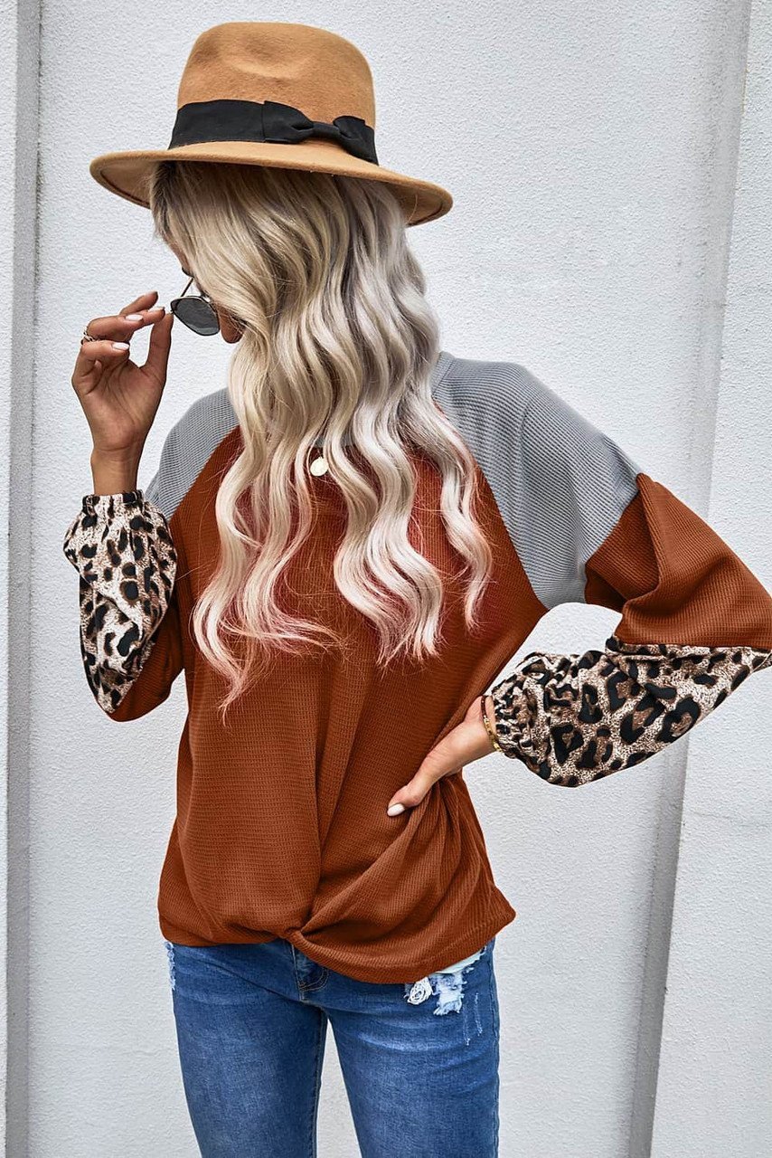 Leopard Long Sleeve Waffle Knit Orange Blouse With Twist Knot