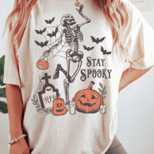 White Skull Pumpkin Face Stay Spooky Graphic Halloween T Shirt