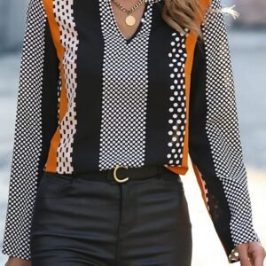 Orange Geo Print Colorblock Notched V Neck Blouse