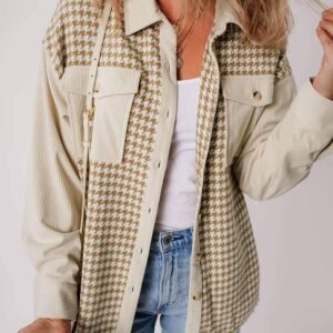 Parchment Houndstooth Corduroy Patchwork Flap Pocket Shacket
