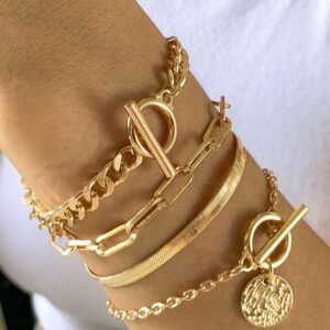 Gold Multi Layered Rhinestone Chain Bracelet Set