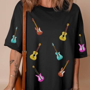 Black Music Lovers Sequined Guitars Dropped Shoulder T Shirt