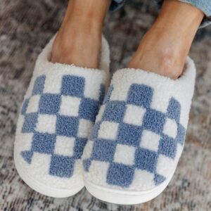 Light Blue Checkered Print Fuzzy Slip On Winter Slippers