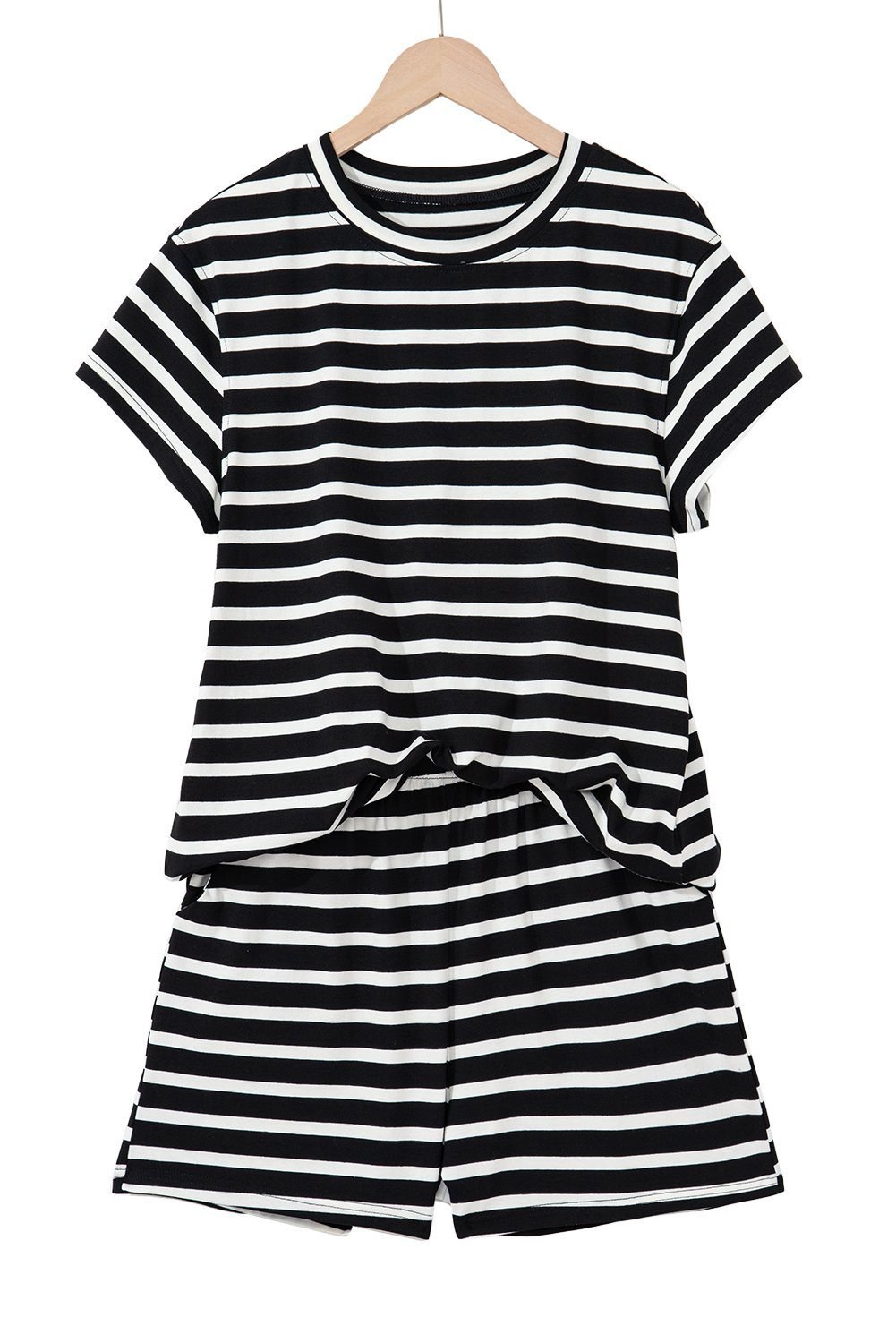 Black White Striped Short Sleeve Top And Shorts Set
