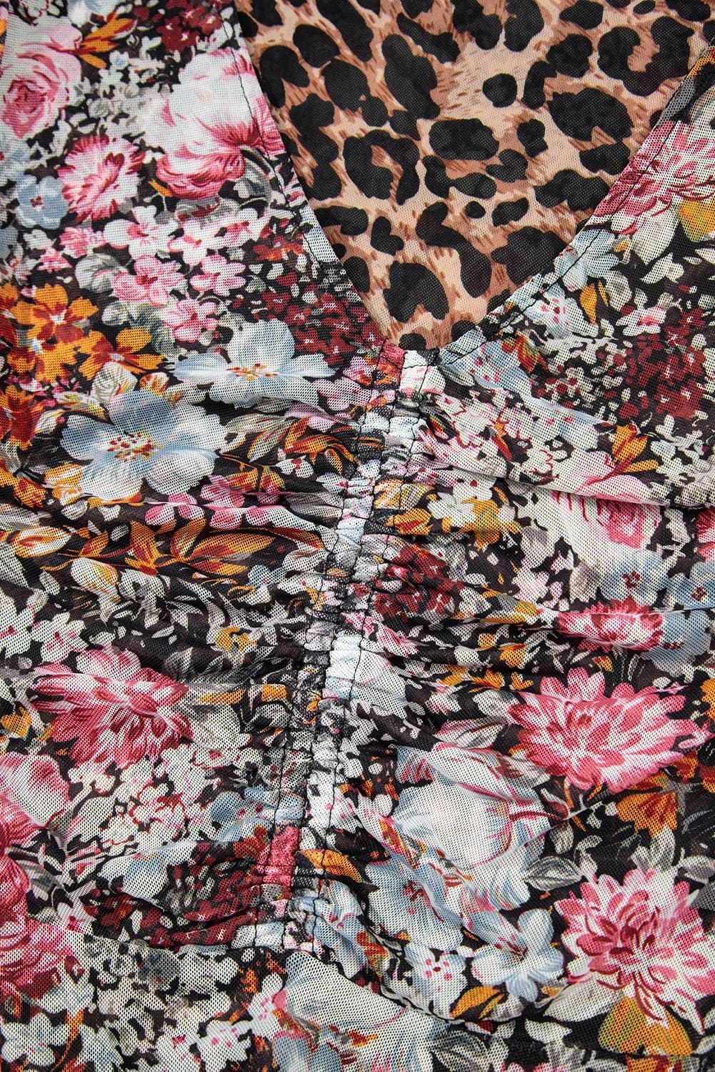 Brown Mesh Leopard Floral Reversible V Neck Short Sleeve Dress