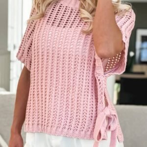 Pink Hollow-Out Crochet Side Tied Short Sleeve Sweater