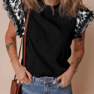 Black Ricrac Trim Printed Flutter Sleeve Contrast Patchwork Blouse