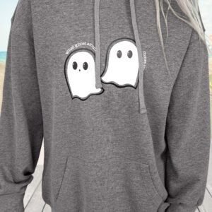 Dark Grey Cute Halloween Ghost Print Mineral Wash Oversize Hoodie