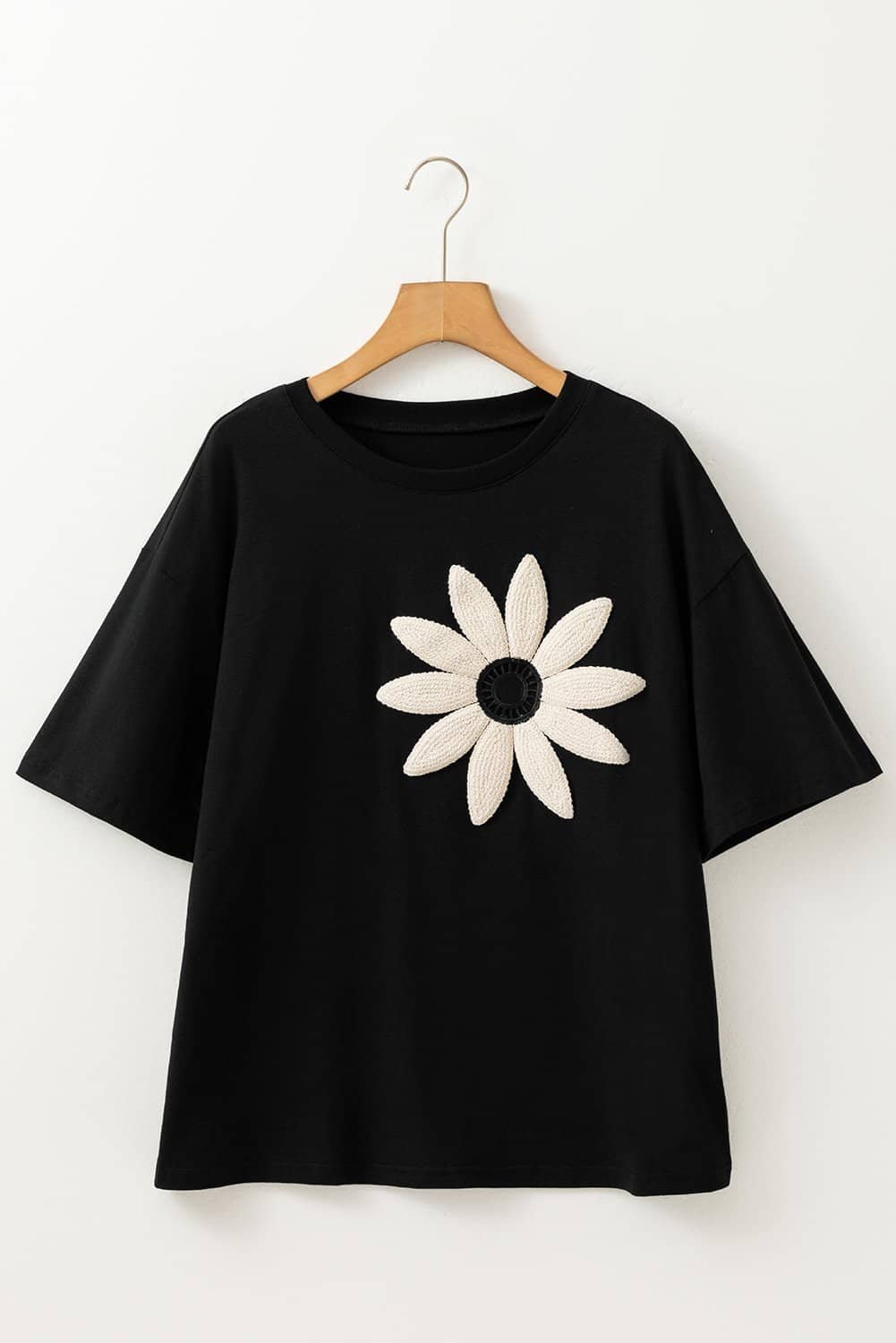Black Contrast Crochet Floral Graphic Drop Shoulder Loose Tee