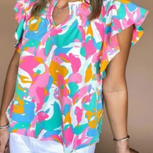 Multicolour Abstract Print Notched Neck Flutter Sleeve Blouse