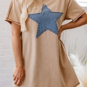 Pale Khaki Mineral Wash Stud Beaded Star Graphic Pocketed T Shirt Dress