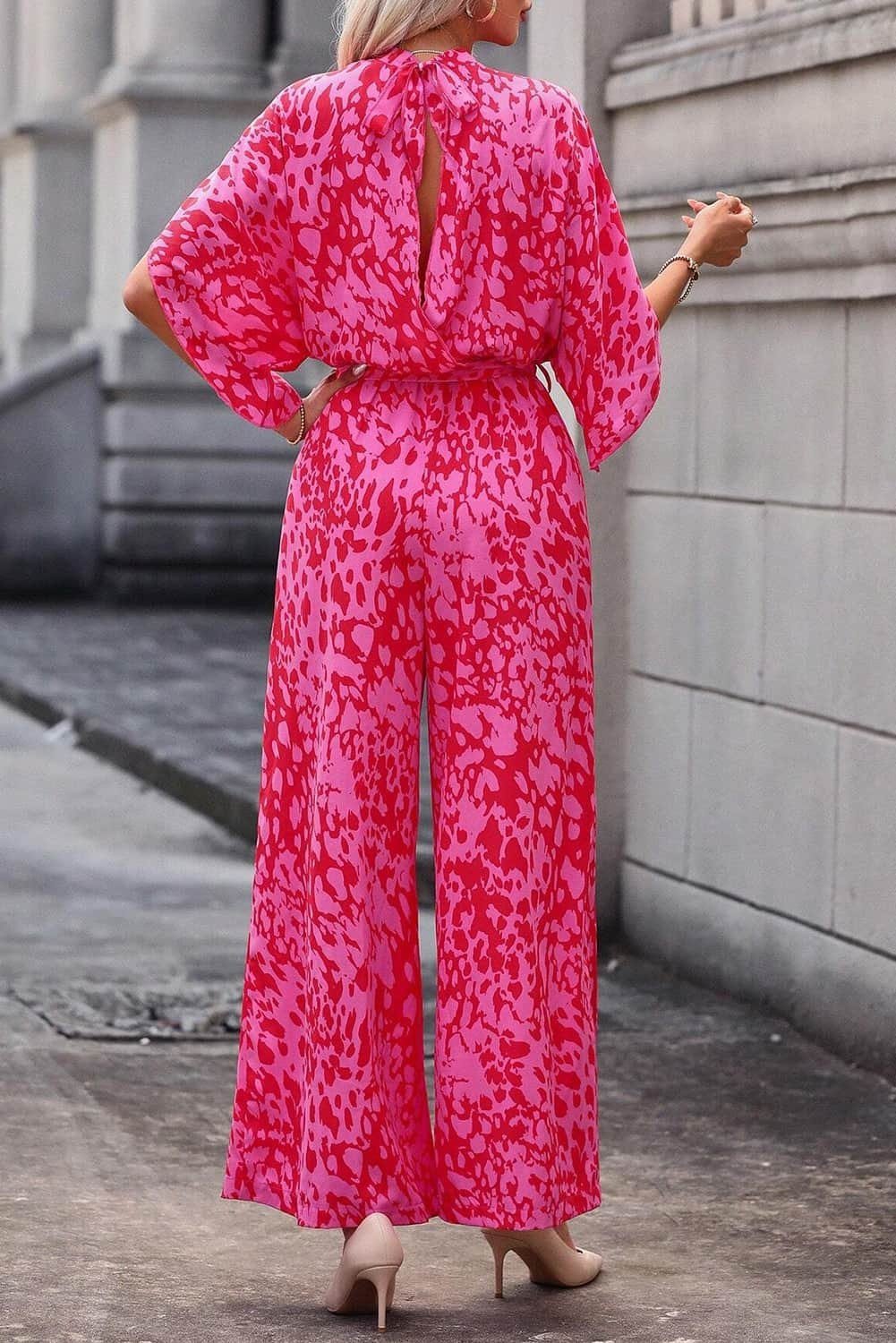 Rose Leopard Loose Sleeve Belted Wide Leg Jumpsuit