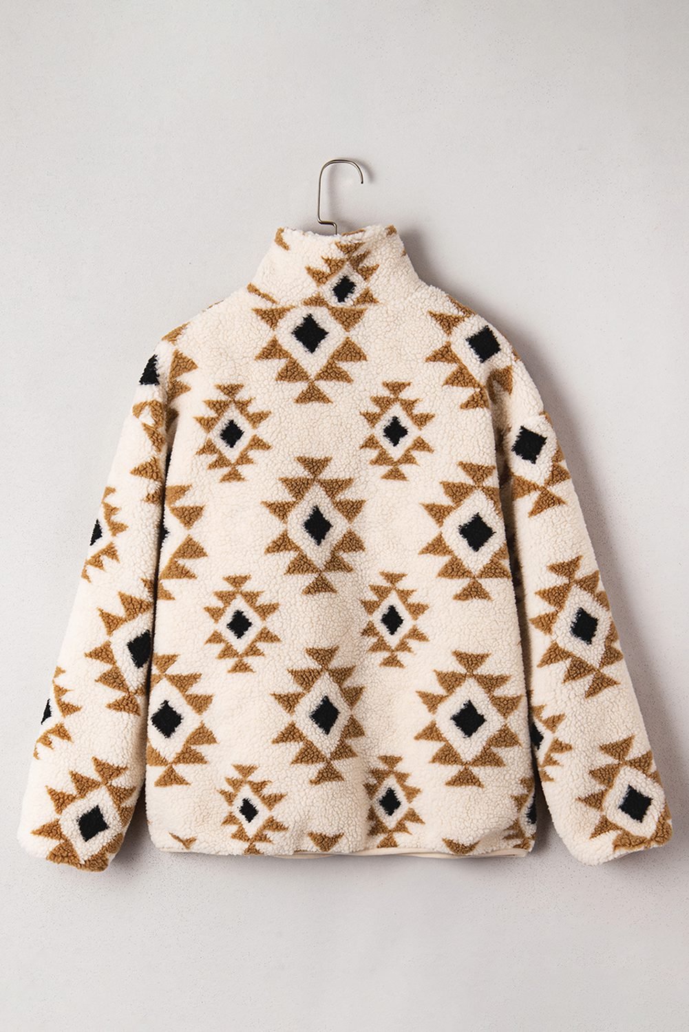 Khaki Aztec Print Sherpa Quarter Zip Collar Sweatshirt