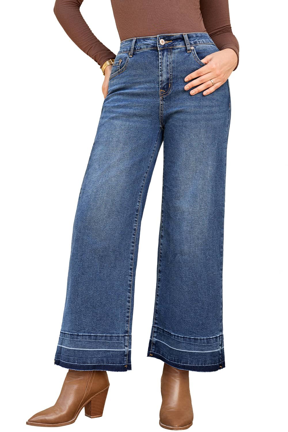 Navy Blue Raw Hem Straight Leg Loose High Waist Jeans