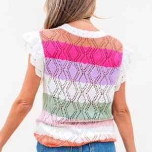 Rose Stripe Colorblock Hollowed Knit Scallop Edge Sweater Vest