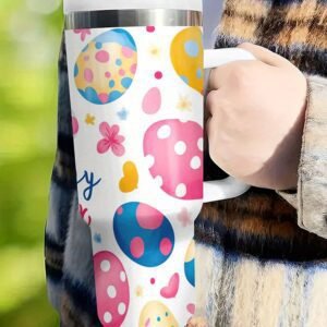 White Happy Easter Bunny Eggs Printed Thermal Tumbler