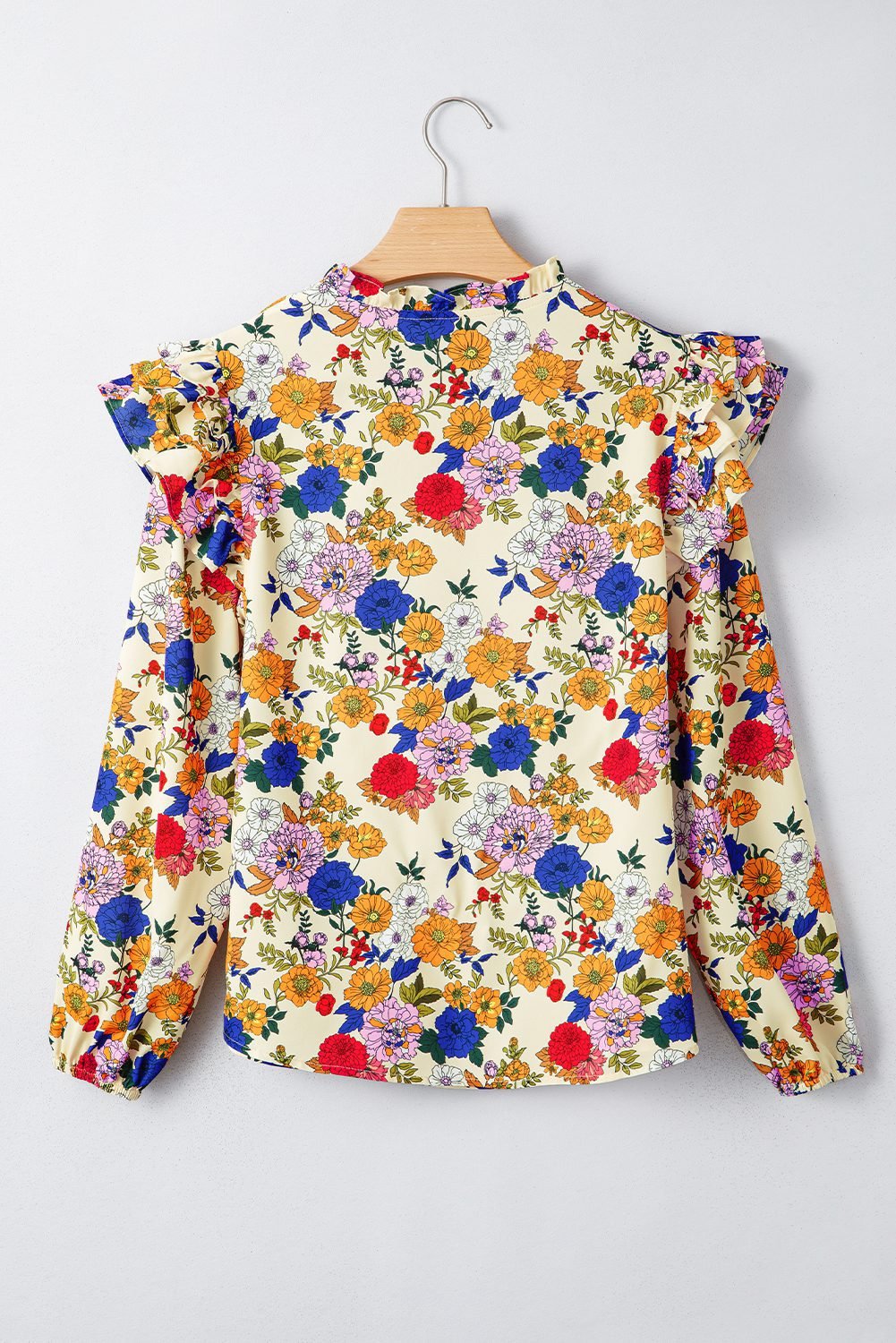 Apricot Ruffled Shoulder Long Sleeve Floral Blouse