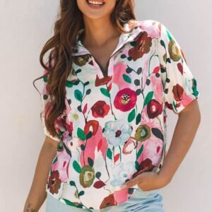 Pink Floral Print Slit V Neck Short Sleeve Blouse