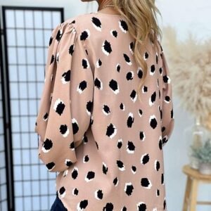 Khaki Classic Leopard V Neck Bracelet Sleeve Blouse
