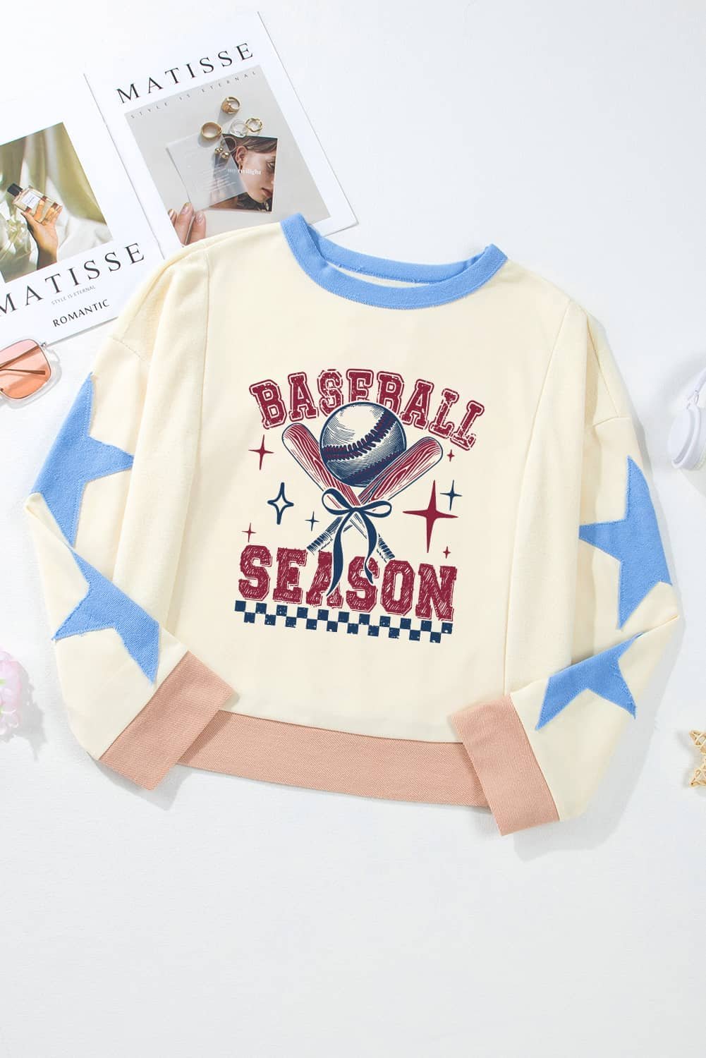 Beige Baseball Season Graphic Star Patched Game Day Sweatshirt