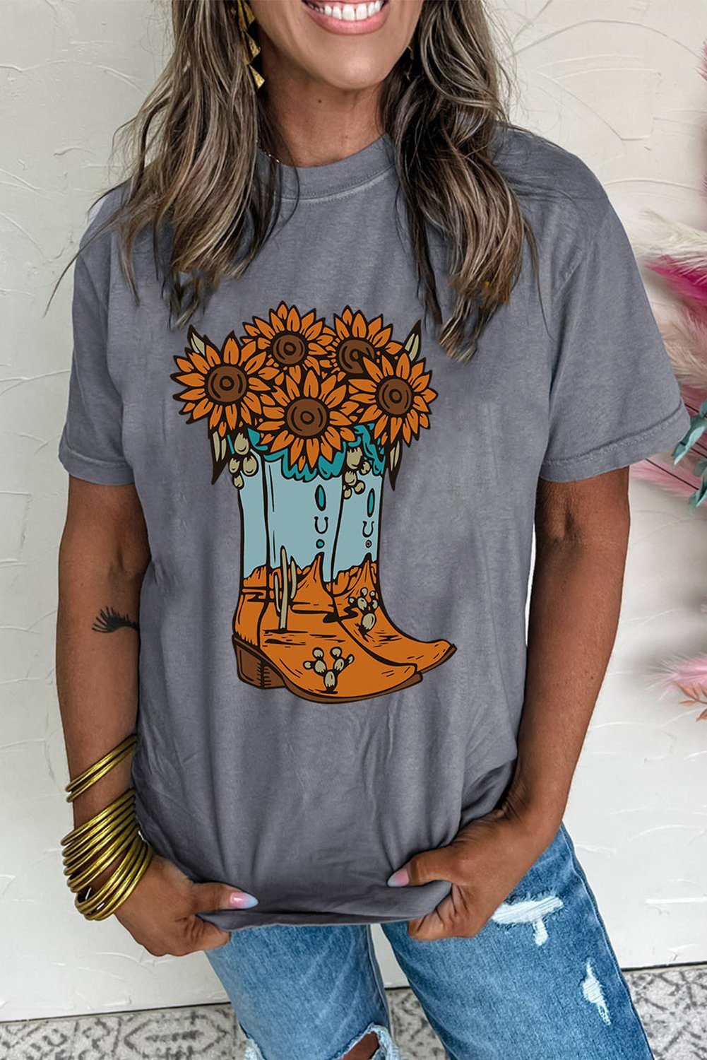 Gray Sunflower Cowgirl Boots Print Western Fashion T Shirt
