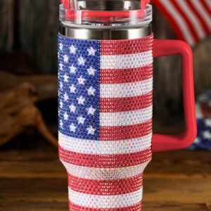 Red Rhinestone American Flag Print Handled 40Oz Thermos Tumbler