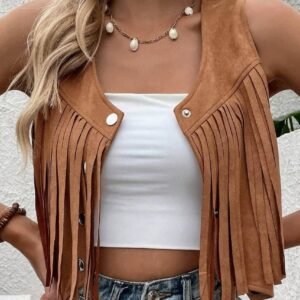 Camel Fringed Snap Button Front Suedette Vest