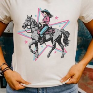 White Star Cowgirl Graphic Round Neck T Shirt